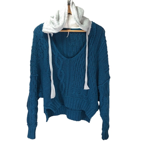 Free People Blue Tierra Cable-Knit Sweater Sz S Chunky Boho Hoodie Oversized - Picture 5 of 12